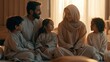 © Generative AI - Warm family moment in soft lighting, parents and three children bonding at home