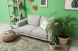 © Pixel-Shot - Interior of stylish living room with grey sofa, pouf and houseplants