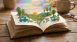© creativestore - Open pop up book with magical miniature forest landscape and sunrise on wooden table, pop