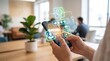 © Emily - Close up of hands holding smartphone displaying holographic education icons, rating stars, checklist, trophy, student profile, online learning app interface, digital classroom.