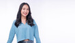 © kaew6566 - Portrait of a beautiful smiling young Asian woman in casual blue sweater looking at camera isolated on white background with copy space. Happy female student or casual lifestyle concept.