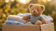 © tanin - Teddy bear sitting in clothes donation box in warm sunlight representing childhood charity and giving