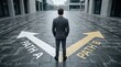 © tanin - Man standing at an intersection with directional arrows symbolizing choice and decision making.