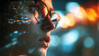 © Panachev E - Profile portrait of a girl merged with glowing urban lights. Concept of future vision, artificial intelligence, and digital integration in modern life.