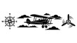 © Sandi Apriyadi - Classic biplane soaring through a cloudy sky, accompanied by a vintage compass rose and a spinning propeller, evoking a sense of adventure, travel, and exploration in a bold, graphic silhouette style.