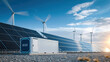 © Tiravad - Solar battery energy storage system BESS container with solar panel array and wind turbine farm sunrise, sustainable clean power generation