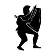 © Riza faryunanda - Black silhouette illustration featuring a medieval knight.A soldier wearing armor and holding a sword and shield.