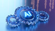 © photo for everything - Three translucent gears, one featuring glowing letters, represent artificial intelligence, technology, and advanced digital processes in a modern, reflective setting