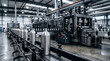 © monika - Wide view of a busy factory floor showcasing modern machinery and aluminum bottles on an automated production line.