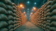 © MDRAFIQUL - Burlap sacks filled with agricultural products stacked in long rows inside dim warehouse with warm overhead lighting.