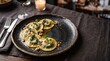 © Bounpaseuth - Ravioli di Spinaci e Ricotta: An elegant plating of circular ravioli filled with spinach and ricotta, in a sage and brown butter sauce, on a fine dining plate.