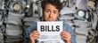 © Ilja - Stressed Person Holding a Sign Reading Bills with Overwhelming Piles of Financial Paperwork Behind
