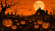 © Emtiaz Ahmed - Spooky halloween pumpkin patch under glowing full moon with silhouette farmhouse barn landscape