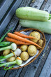© Kateryna Zinenko  - Fresh zucchini, carrots, potatoes and green onions in basket. Raw organic vegetables on rustic wooden bench background. Local agricultural harvest, farm fresh food and healthy eating concept