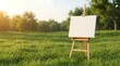 © Attanuur - A blank white canvas on a wooden easle standing in a lush green meadow during a beautiful golden hour sunset for creative art concept and copy space