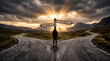© al basir stock - Man at mountain crossroads decision: 'Play It Safe' vs 'Innovate & Risk' on wooden signpost under dramatic sunburst sky; choice for future, business strategy, or career conceptual stock image