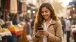 © Pixels Stock - Young indian woman smiling while using mobile phone in bustling city market wearing beige jacket with long wavy hair outdoors captured in soft warm evening light.