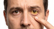 © jayalath - concept of a man's eyes comparing a healthy eye with a jaundiced yellow eye showing symptoms of liver disease and cirrhosis