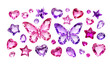© Palash - Set of pink and purple crystal stickers in the shape of butterflies, hearts, stars and gems isolated on transparent background