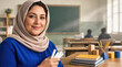 © Sergei - Muslim female teacher wearing hijab holding white chalk pieces inside classroom with students in background. Middle Eastern educator smiling at desk in school for education and Labor Day concept