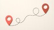 © Yusuf - Red paper map markers connected by stitched dashed line showing travel route and physical connection concept