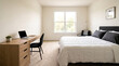 © FrameFlow - Modern minimalist bedroom interior, with white comforter on double bed and wooden desk, arranged cleanly with open laptop computer, inside bright apartment room with window