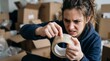 © Pathum Dilshan - Frustrated young woman struggling to find end of clear packing tape roll while moving house