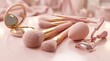 © LangkahKaki - Pink cosmetic accessory collection with makeup brushes, blending sponge, and eyelash curler