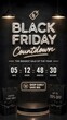 © KaziOmar - Black Friday neon sign with countdown timer, retail sale promotion banner, dark luxury shopping background with podium and bags