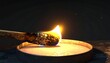 © Gintech - A single wooden matchstick igniting a burning candle wick to create a warm glowing light source in the darkness representing energy hope and inspiration for dark winter nights within a living
