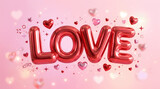 Shiny metallic red balloon letters spelling the word love floating against a soft pastel pink background with sparkling stars and tiny heart ornaments creating a dreamy romantic aesthetic
