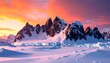 © MediaPro - Pics montagneux escarpés illuminés par un magnifique coucher de soleil rose et orange se reflétant dans un lac paisible en Antarctique