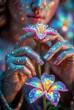 © Alessio Toffolon - Primo piano di mani decorate che tengono un fiore magico fluorescente e scintillante in un ambiente fantastico