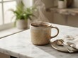 © SumayiaAkter - A steaming ceramic mug of hot coffee sits on a white marble kitchen table next to a small plant by a bright window