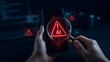 © Home Stock - Hands holding smartphone and magnifying glass inspecting glowing red AI artificial intelligence warning signs and errors