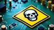 © CrazyJuke - Close-up of a yellow warning sign with a skull symbol on a computer circuit board, emphasizing cybersecurity, digital security, or hardware warning concepts