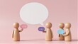 © joeycheung - Two wooden figures converse, each with speech bubbles against a soft pink background.
