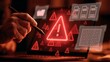© Mia - digital warning alert displayed on laptop with document icons, representing system risk, data threat, cyber alerts, file security issues, online protection challenges in modern digital environments.