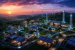 © MSTTANJEELA - Sustainable village with solar panels and wind turbines at sunset with glowing energy grid