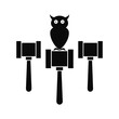 © Icon-Store - Black vector silhouette of owl perched on judge gavel icon set