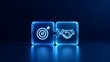 © Doel Studio - Glowing blue puzzle piece connecting with target and handshake icon. Concept of business partnership, corporate merger, and team collaboration.