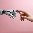 © visoot - Robot hand human hand touch technology connection artificial intelligence pink background futuristic innovation gentle