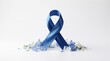 © muhammad - Blue awareness ribbon with delicate flowers on white background, satin ribbon for colon cancer and medical support, health campaign symbol