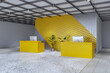 © Who is Danny - Modern yellow reception desks in a creative office lobby with geometric acoustic wall, indoor plants, and dramatic architectural lighting background. 3D Rendering
