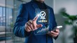 © Alex - Businessman touching virtual screen displaying five star rating and quality badge, customer satisfaction and service excellence concept with graph analytics for brand reputation.