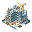 © Fahrueeeel - Construction site with crane and machinery building a modern structure.