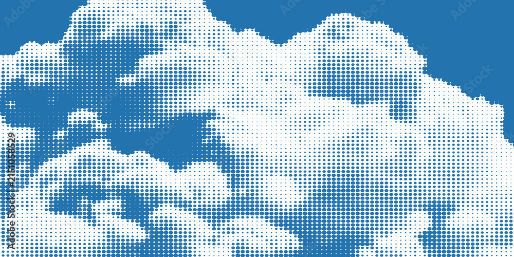 Halftone blue sky with fluffy white clouds. Retro comic dot texture ...