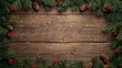 © Asawin - A festive Christmas frame made of pine branches, pinecones, and red berries on a rustic wooden background