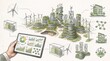 © Tin - Illustration of a sustainable future city with renewable energy sources and green architecture for a better environment.