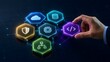 © Ridwan_DigitalGrid - Developer hand connecting a coding hexagon into a digital tech ecosystem with cloud database and security icons